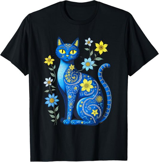 Ukraine Cat Floral Vintage Ukrainian Flag Vyshyvanka Style T-Shirt