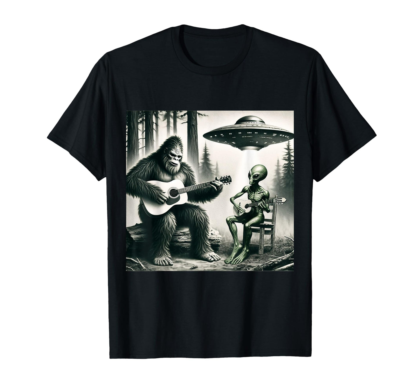 Funny Bigfoot And Alien Playing Electric Guitar. Bigfoot UFO T-Shirt