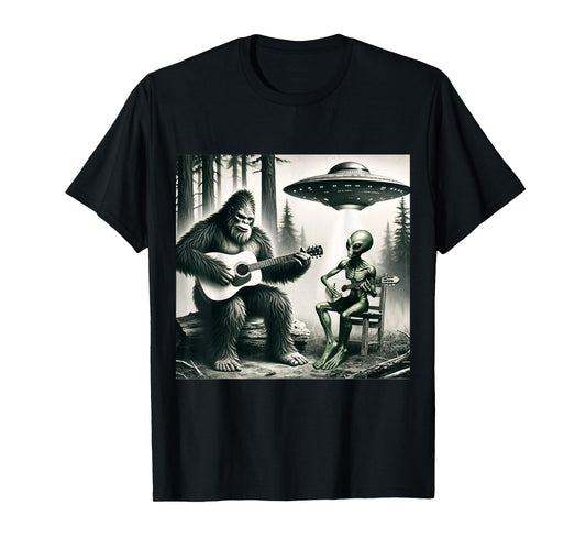 Funny Bigfoot And Alien Playing Electric Guitar. Bigfoot UFO T-Shirt