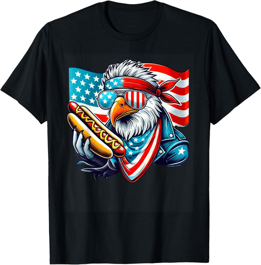 4th of July USA Flag Bald Eagle Hotdog Patriotic Men Boys T-Shirt