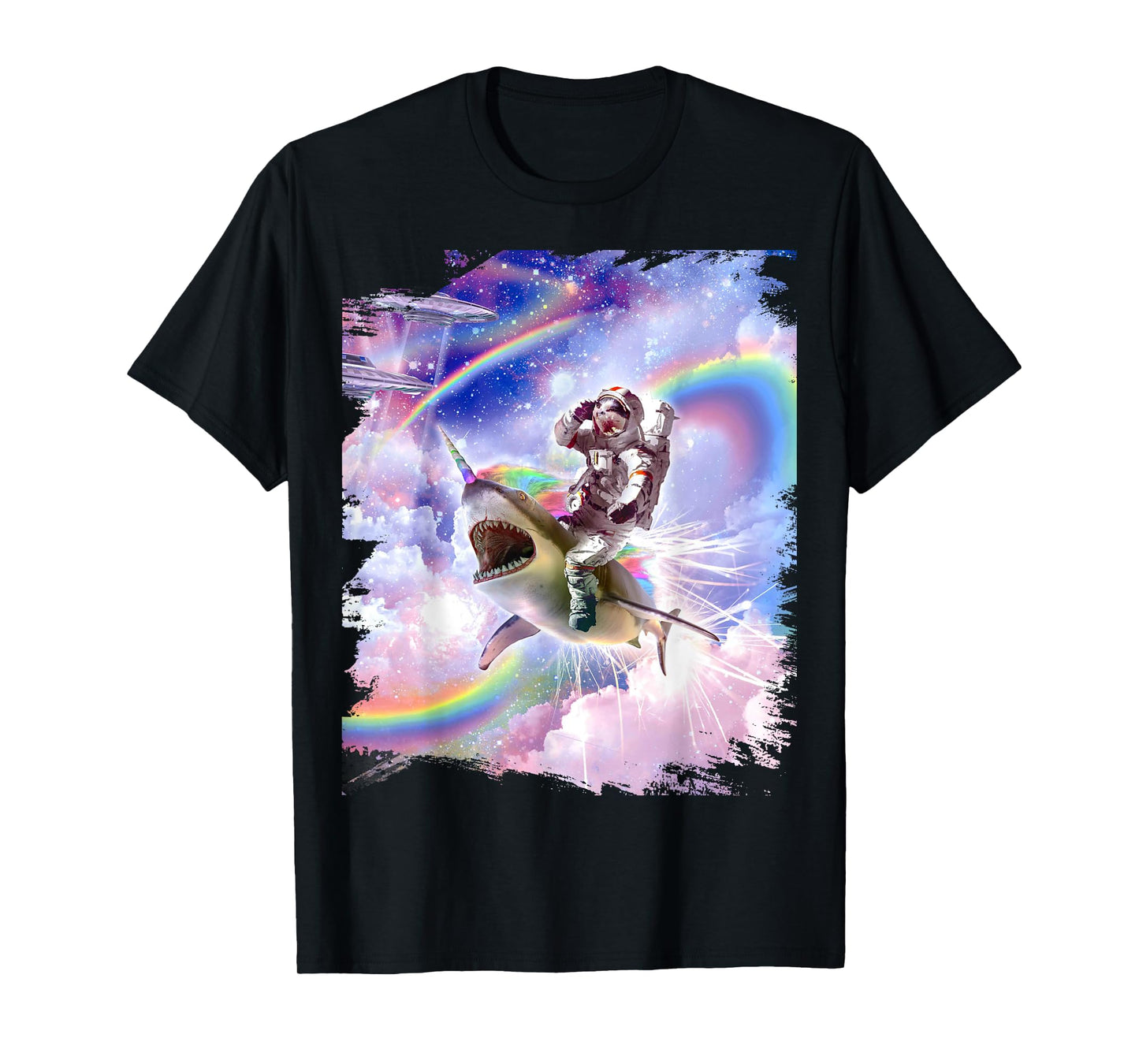 Galaxy Astronaut Cat Riding Rainbow Shark Unicorn Men Women Girls Kids T-Shirt