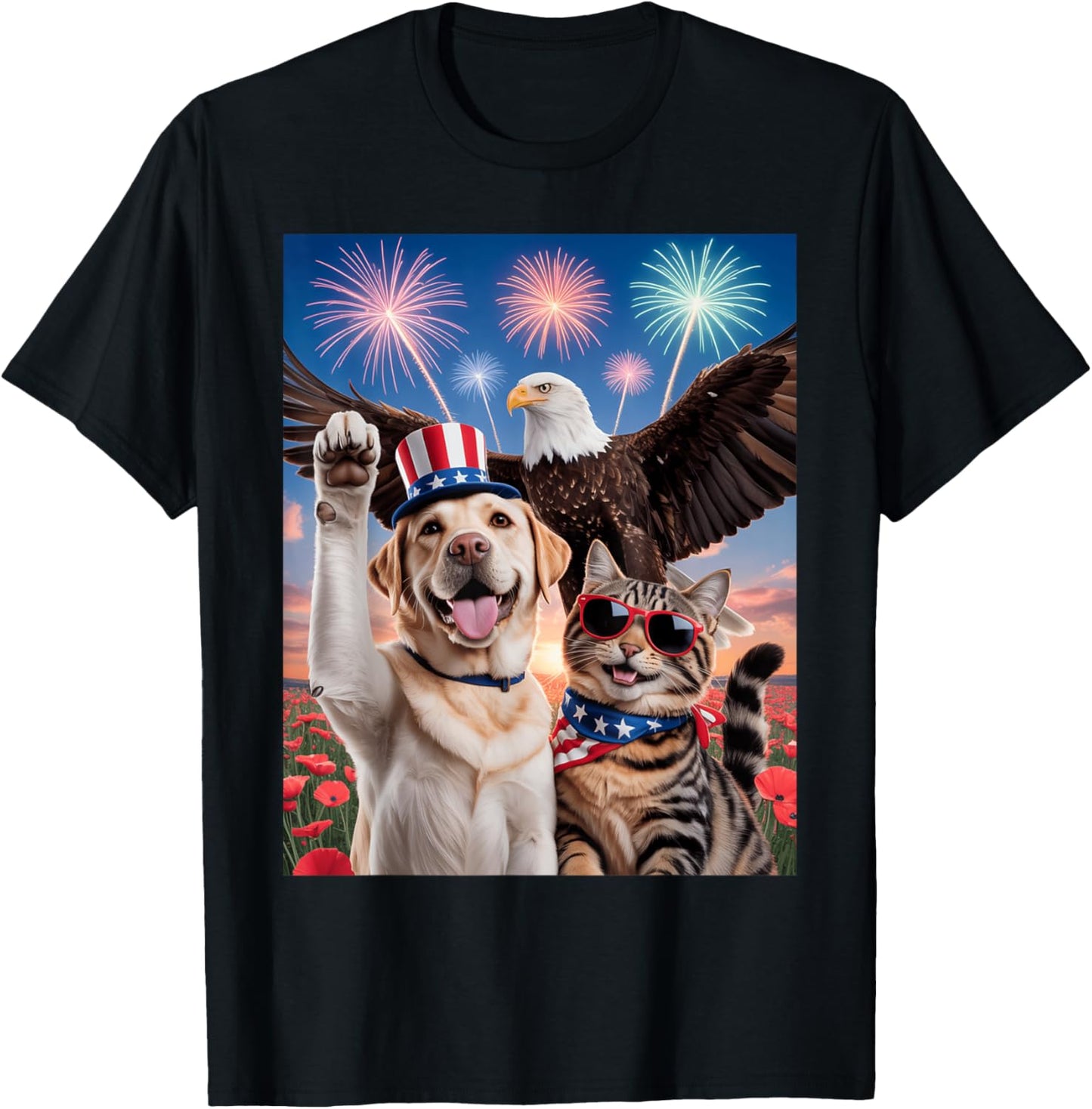 Funny Dog Cat USA Flag Fireworks July 4th Pride Men Women T-Shirt