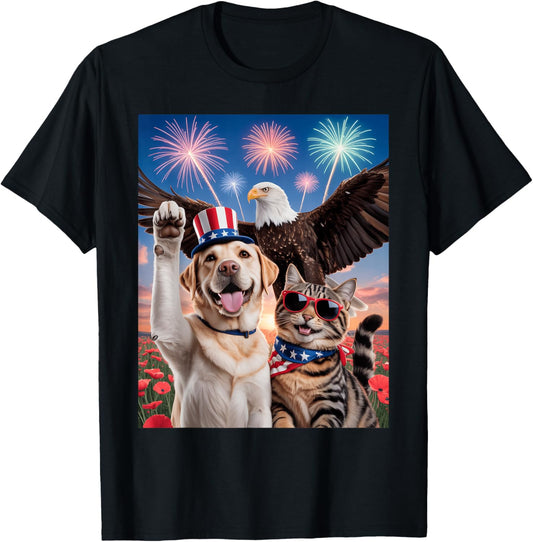 Funny Dog Cat USA Flag Fireworks July 4th Pride Men Women T-Shirt