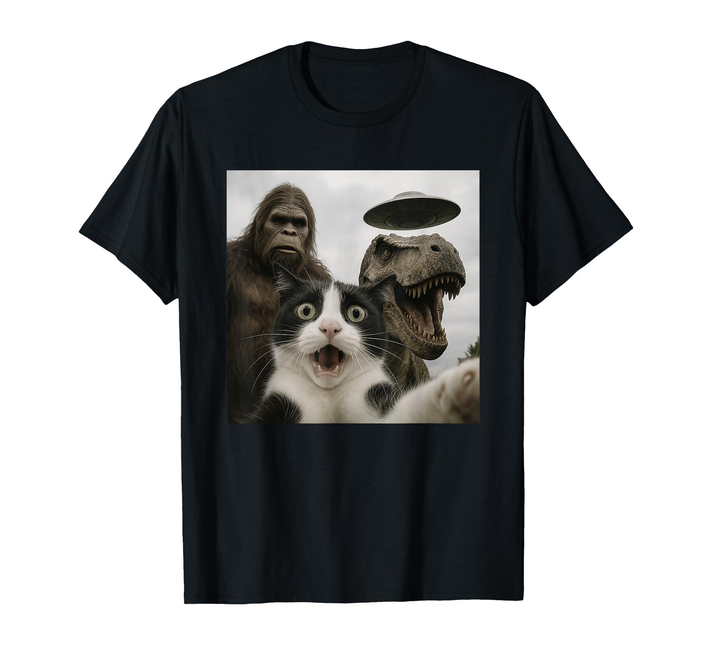 Funny Cat Selfie with Bigfoot Dinosaur UFO for Men Women T-Shirt