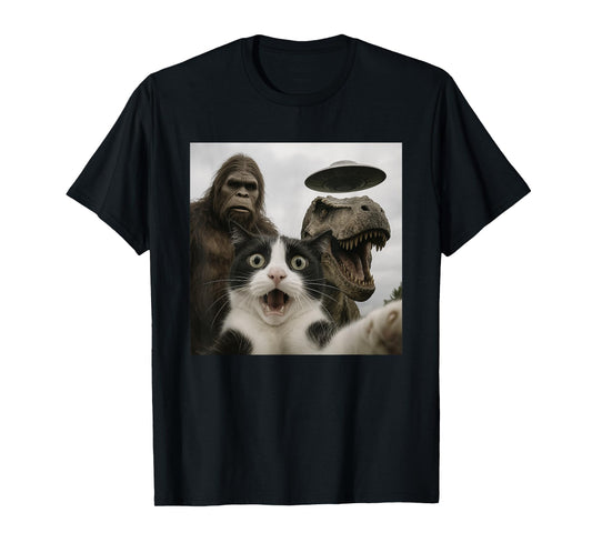 Funny Cat Selfie with Bigfoot Dinosaur UFO for Men Women T-Shirt