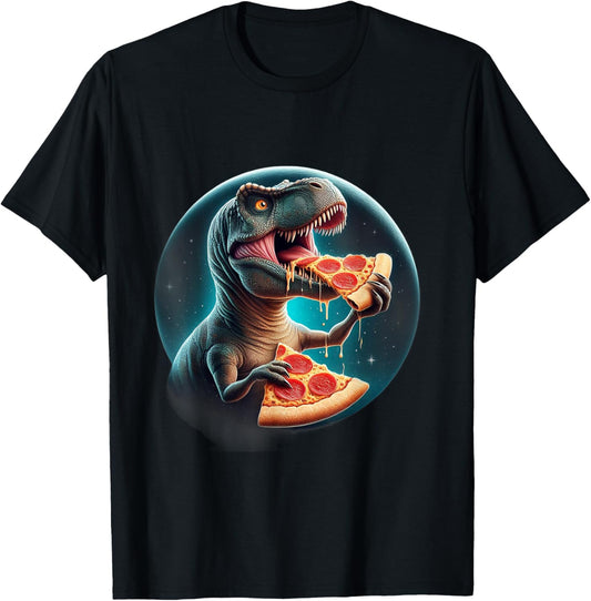 Dinosaur T-Rex Eating Pizza in Space galaxy for Kids T-Shirt