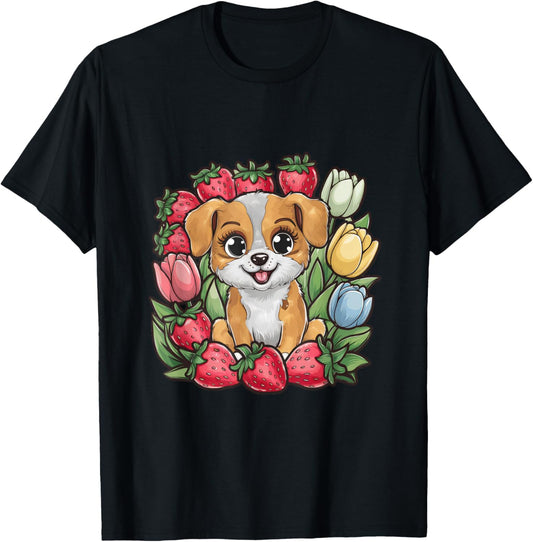 Kawaii cartoon dog with strawberries and tulips T-Shirt