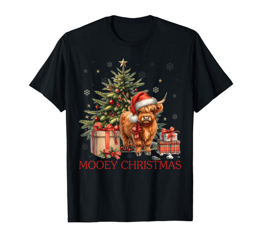 Mooey Christmas Santa Highland Cow Santa Xmas Tree Pajamas T-Shirt