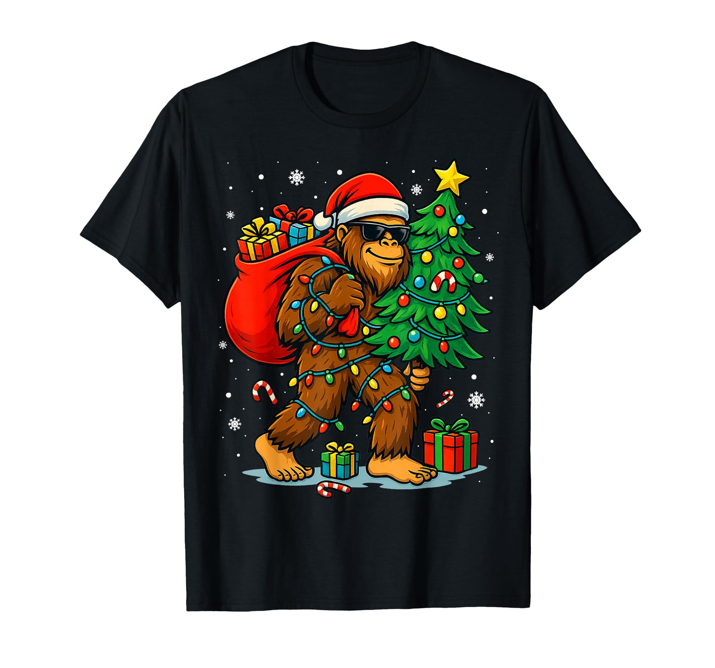 Santa Bigfoot Christmas Tree Lights Xmas Boys Men Sasquatch T-Shirt