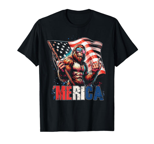 Bigfoot Merica Rock American Flag Patriotic 4th Of July T-Shirt