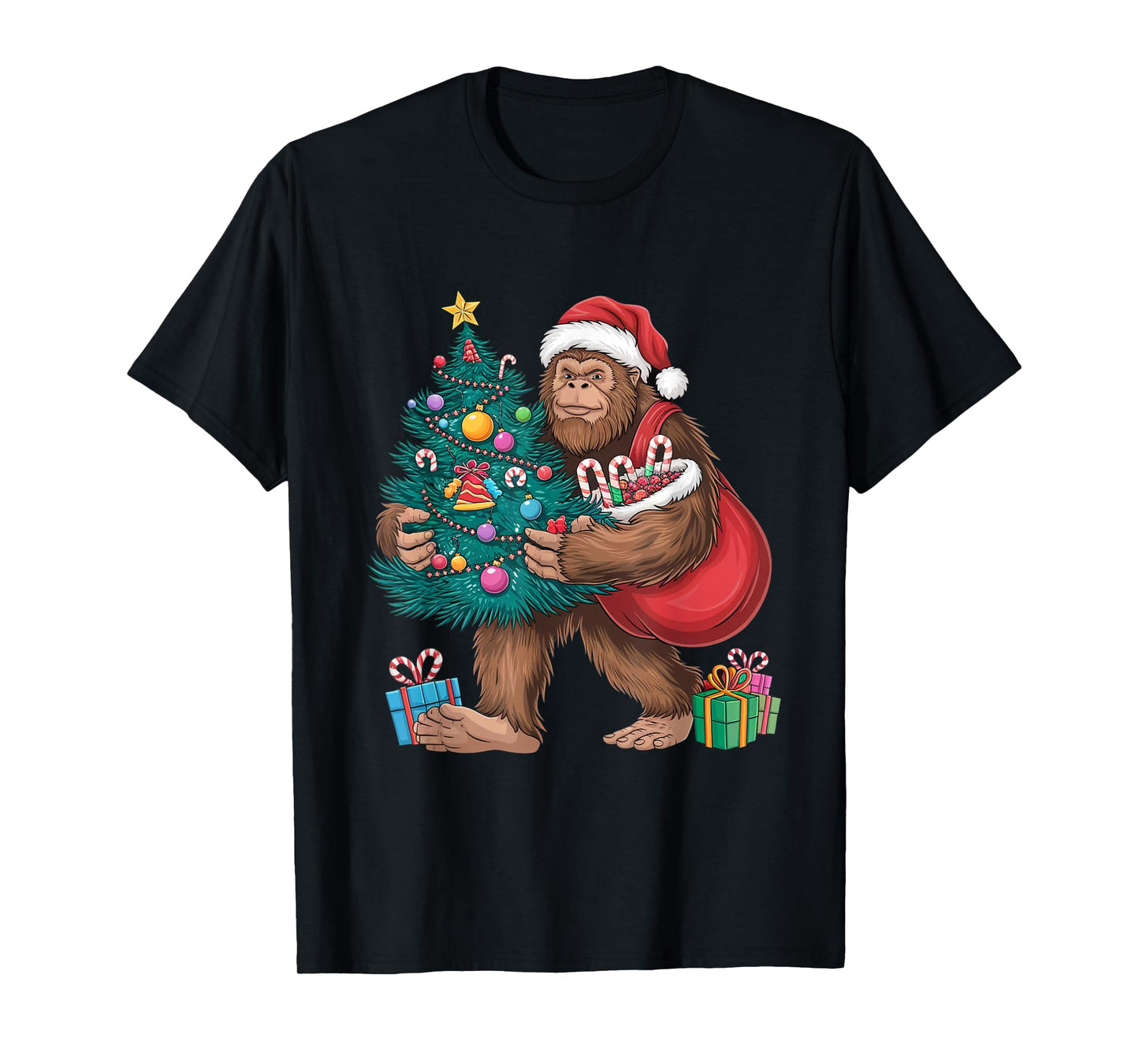 Santa Bigfoot Christmas Tree Lights Xmas Sasquatch Lovers T-Shirt