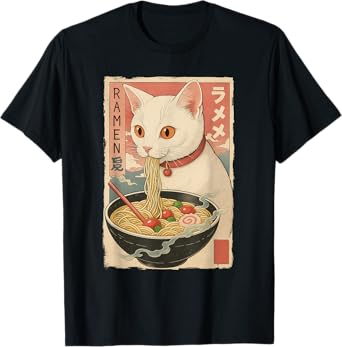 Kawaii White Cat Eating Ramen Noodles Japanese T-Shirt