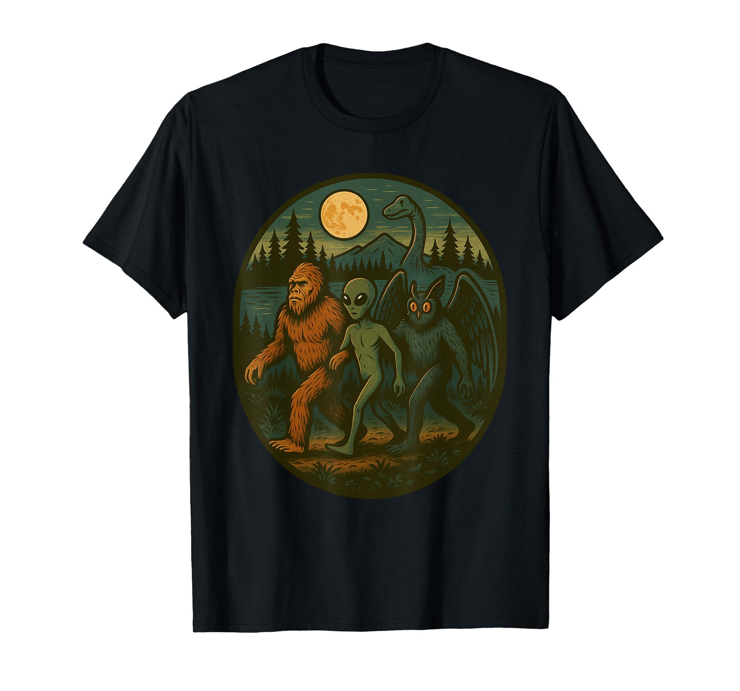 Vintage Bigfoot Loch Ness Monster Mothman And Alien Cryptid T-Shirt