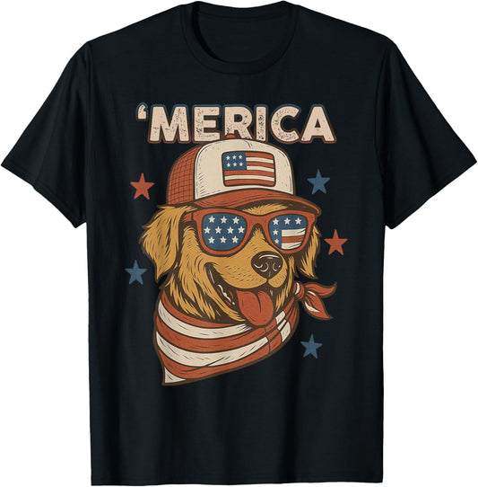 Golden Retriever Merica Patriotic American Flag Dog Lover T-Shirt