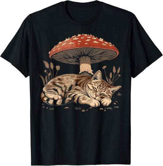 Cute Tabby Cat Gray Cat Cottagecore Aesthetic Mushroom T-Shirt