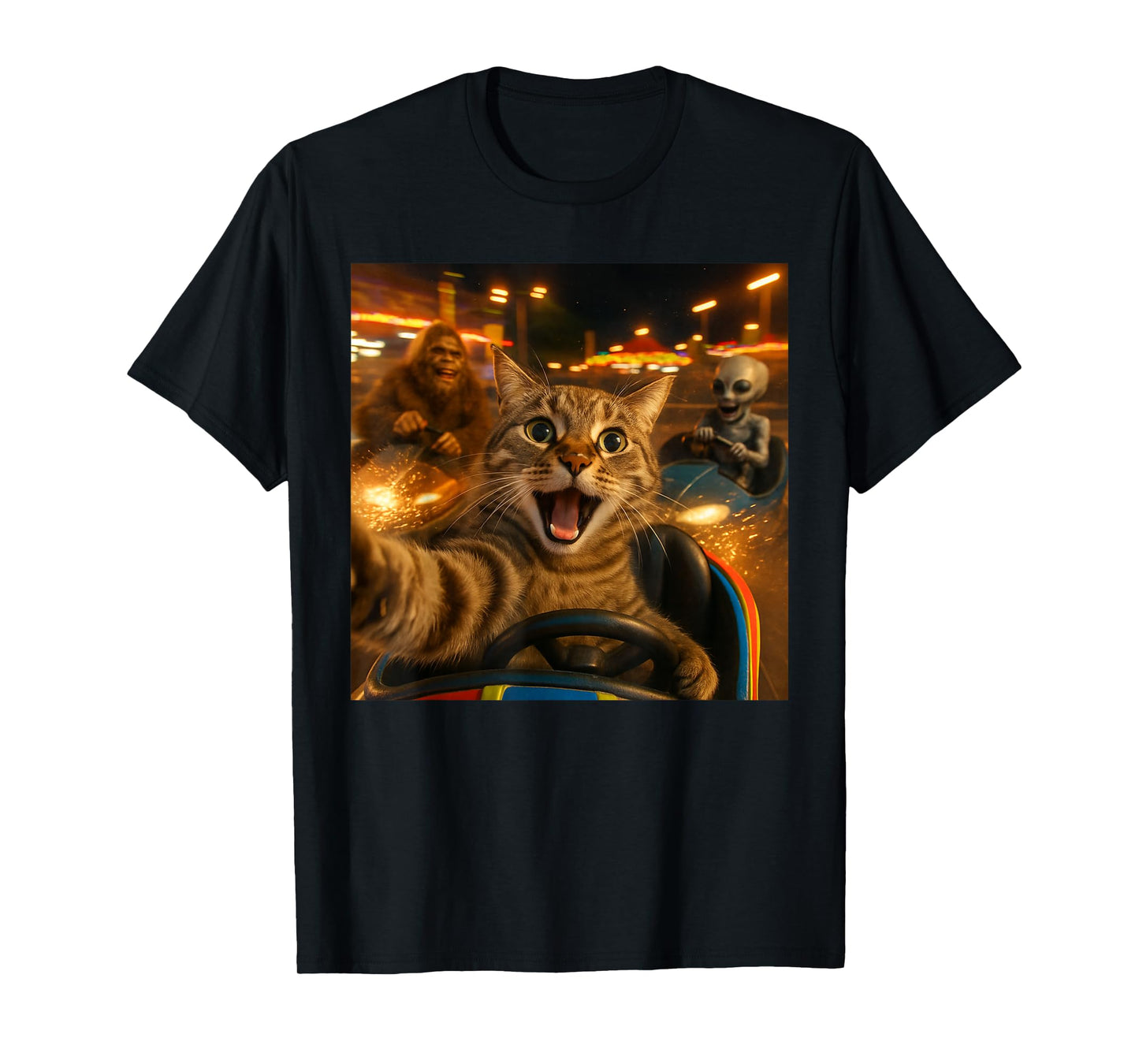 Funny Cat Selfie with Big Foot & Alien Bumper Car Meme T-Shirt