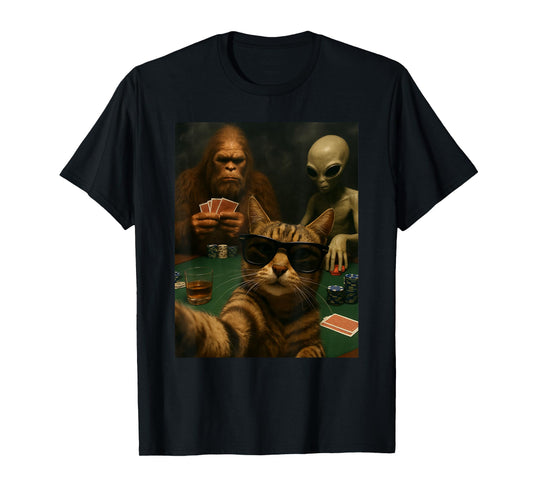 Cat Poker Selfie Bigfoot & Alien Playing Cards Funny T-Shirt