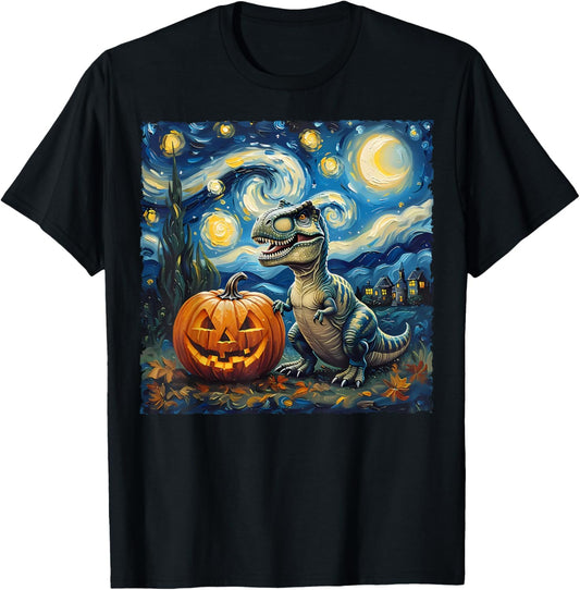 T-Rex Pumpkin Van Gogh Starry Night Style Artwork Halloween T-Shirt