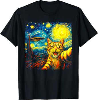 Cat Selfie With Alien UFO Funny Starry Night Van Gogh T-Shirt