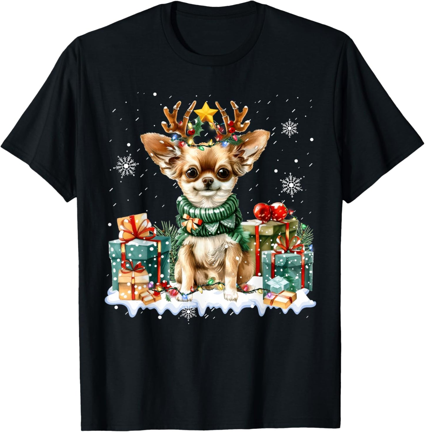 Reindeer Dog Christmas Lights Chihuahua Santa Hat Xmas 2024 T-Shirt