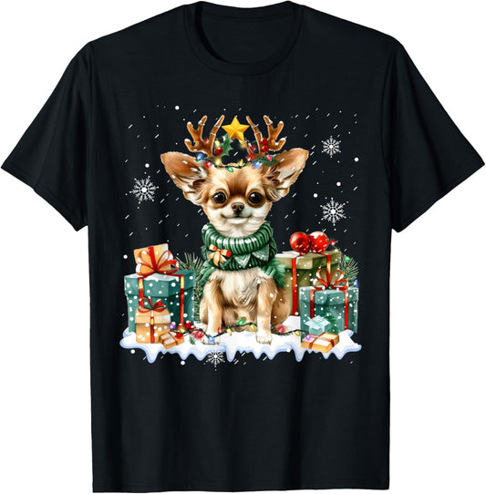 Reindeer Dog Christmas Lights Chihuahua Santa Hat Xmas 2024 T-Shirt