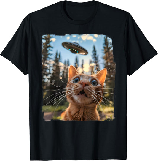 Extraterrestrial Encounter: Cat Selfie with Alien UFO T-Shirt