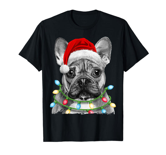 French Bulldog Santa Christmas Tree Lights Xmas Boys Dog T-Shirt
