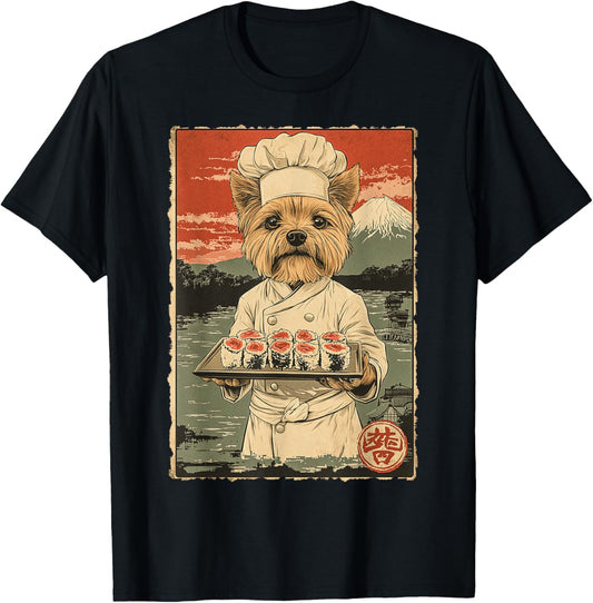 Funny Vintage Japanese Food Art Cute Yorki Sushi Chef Dog T-Shirt