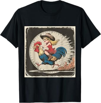 Funny Vintage Distressed Cowgirl Riding Chicken Rooster T-Shirt