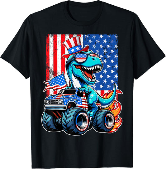 USA Flag 4th Of July Patriotic Dino Monster Truck T-Rex T-Shirt