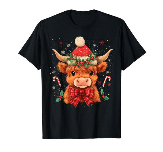 Cute Christmas Highland Cow Mooey Xmas Heifer Santa Hat T-Shirt