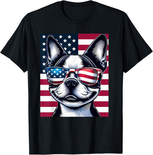 Boston Terrier Patriotic Sunglasess American Flag T-Shirt