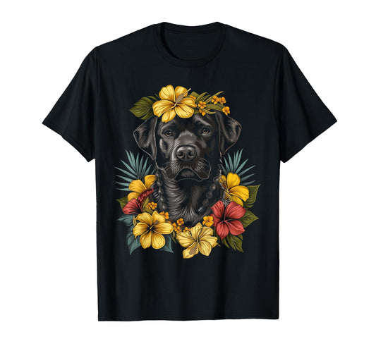 Labrador Hawaiian Flowers Hibiscus Hula Hawaii Black Lab Dog T-Shirt for Men Women Kids