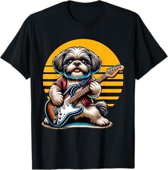 Funny Shih Tzu dog playing Electric Guitar. Shih Tzu Lover T-Shirt for Men Women Kids