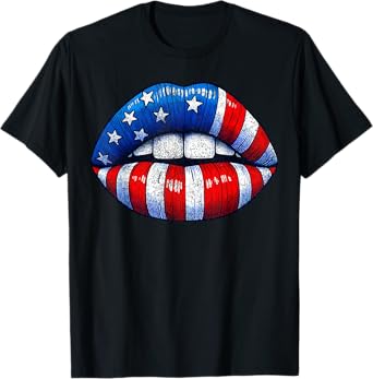 Women American Flag Lips Patriotic 4th of July USA Tongue T-Shirt
