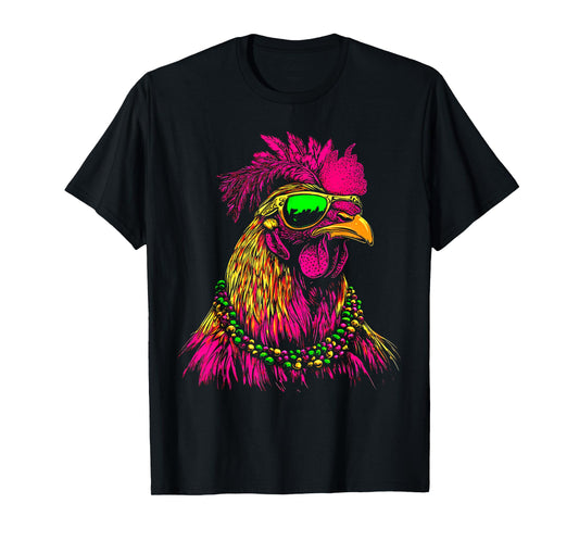 Mardi Gras Chicken Sunglasses Beads Farmer New Orleans Party T-Shirt
