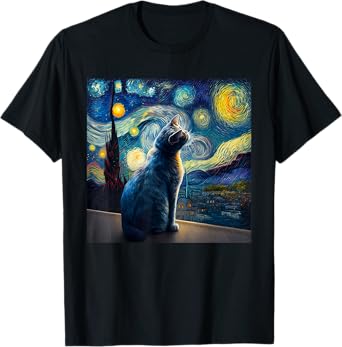 Cat Starry Night Van Gogh Cat For Cat Lover Cat Mom Cat Dad T-Shirt