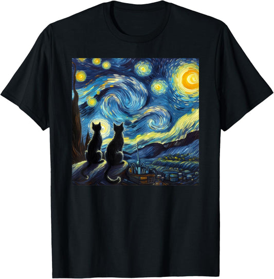 Black Cats Lover Starry Night Van Gogh T-Shirt