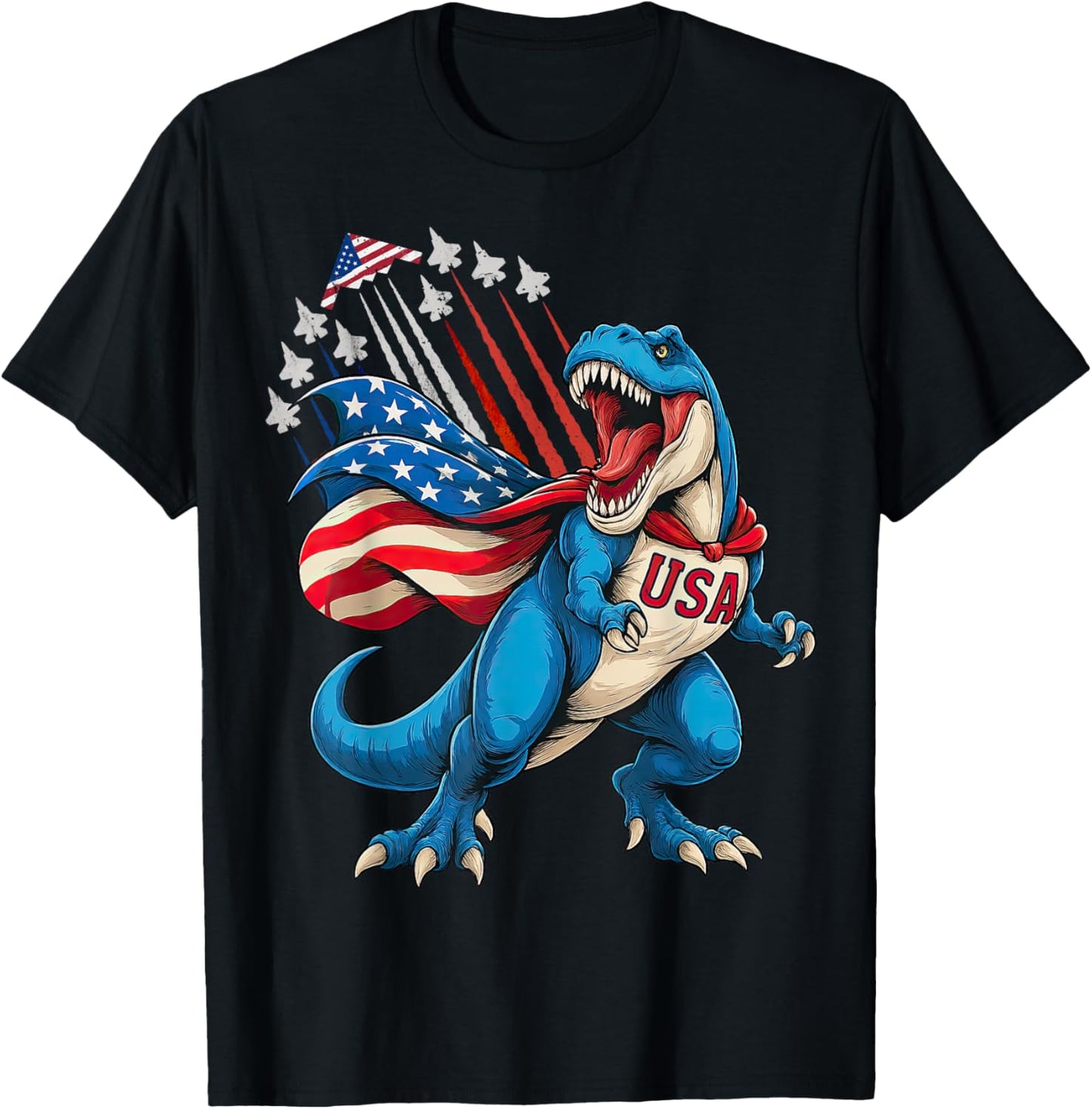 Patriotic Fighter Jets T Rex Dinosaur USA Flag 4th of July T-Shirt
