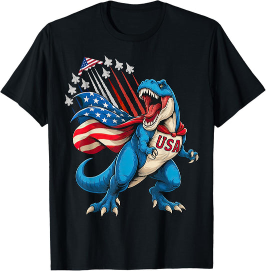 Patriotic Fighter Jets T Rex Dinosaur USA Flag 4th of July T-Shirt