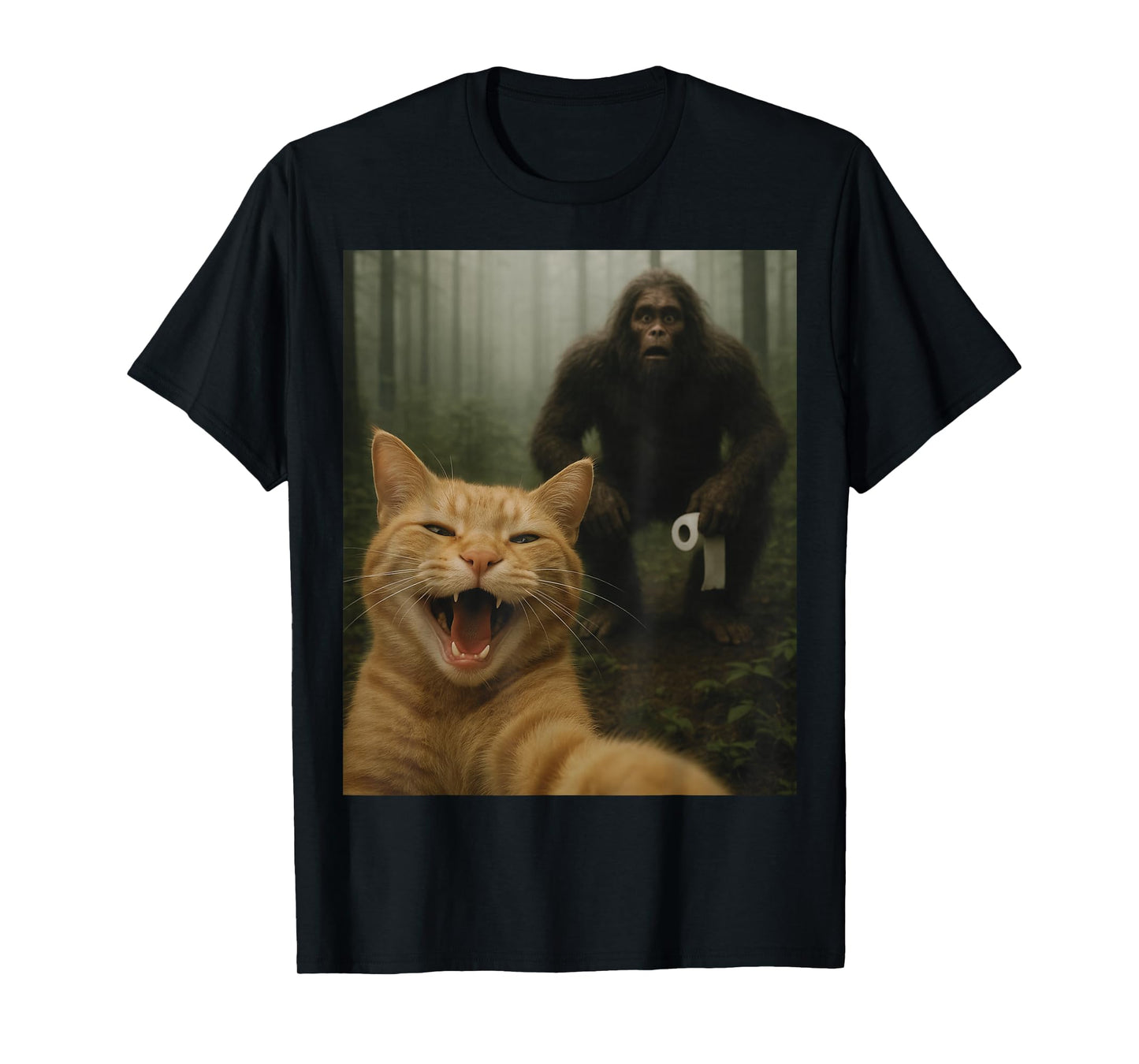 Funny Cat Surprised Happy Selfie with Bigfoot Sasquatch T-Shirt