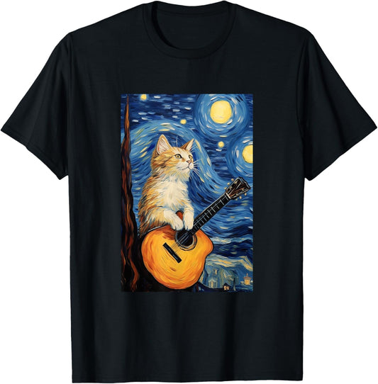 Cat playing Guitar - Van Gogh Style - Starry Night T-Shirt