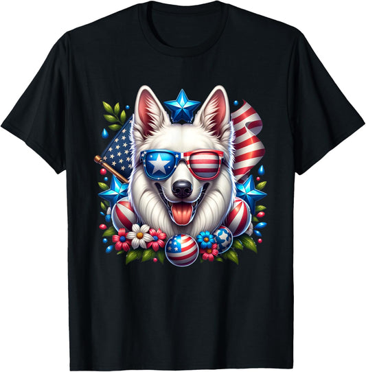 Patriotic Cute White German Shepherd Dog American Flag T-Shirt