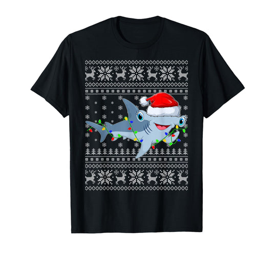 Ugly Sweater Xmas Lights Santa Hammerhead Shark Christmas T-Shirt