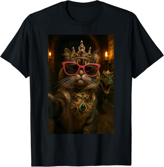 Princess Cat Selfie With T-rex Dinosaur Funny Graphic Tees T-Shirt