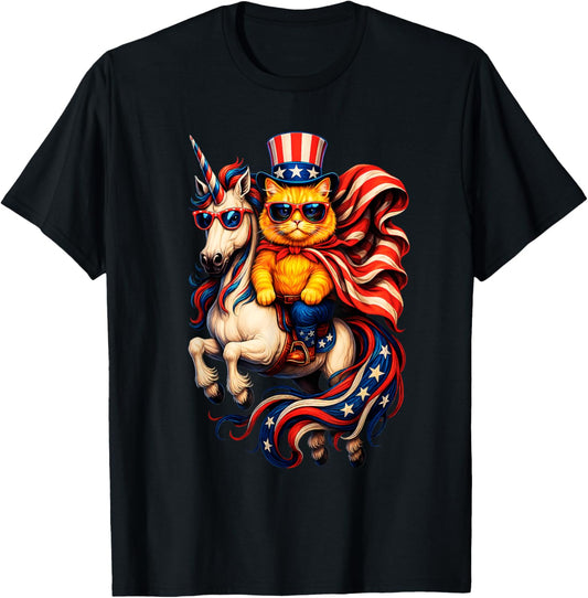 Cat riding Unicorn usa flag Patriotic 4th of July T-Shirt