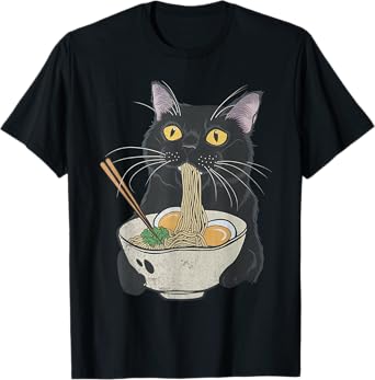 Japanese Noodles Japanese Cat Funny Cat Eating Ramen Vintage Modern Unisex T-Shirt Black Small