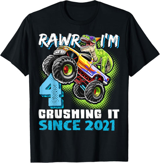 4th Birthday Monster Truck Dinosaur Party Boys Rawr I'm 4 T-Shirt