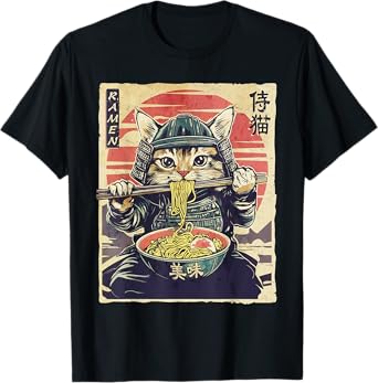 Japanese Samurai Ninja Cat Eating Ramen T-Shirt