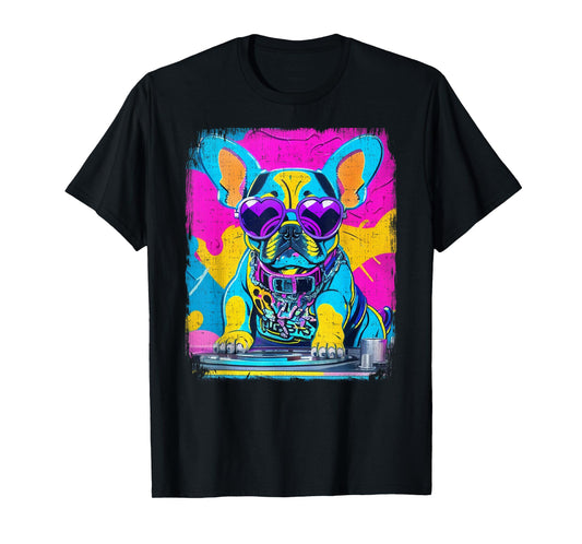Airbrush Graffiti 90s DJ Analogue Turntable French Bulldog Men Women Girls Kids T-Shirt